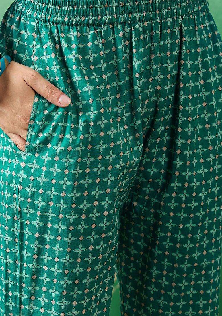 Sea Green Printed Cotton Kurta Set - Indya