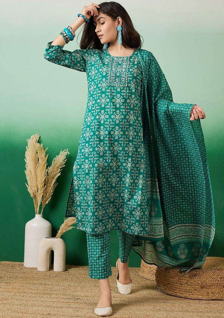 Sea Green Printed Cotton Kurta Set - Indya