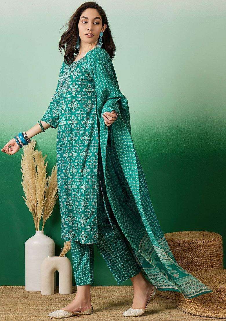 Sea Green Printed Cotton Kurta Set - Indya