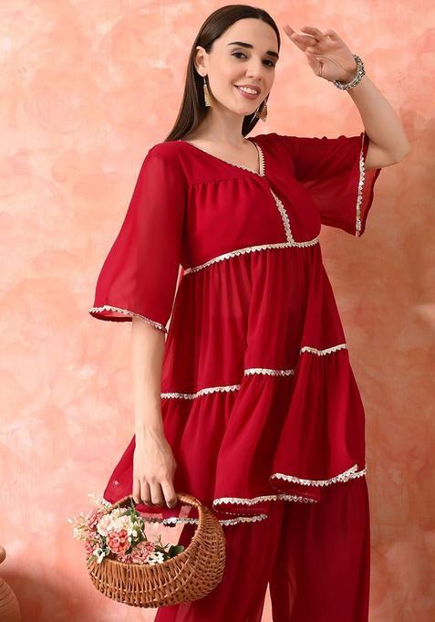 Red Solid Georgette Anarkali Set — view on Indya