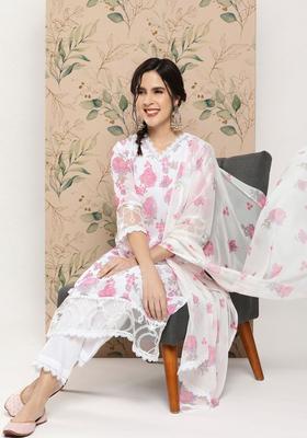 White Printed Georgette Kurta Set