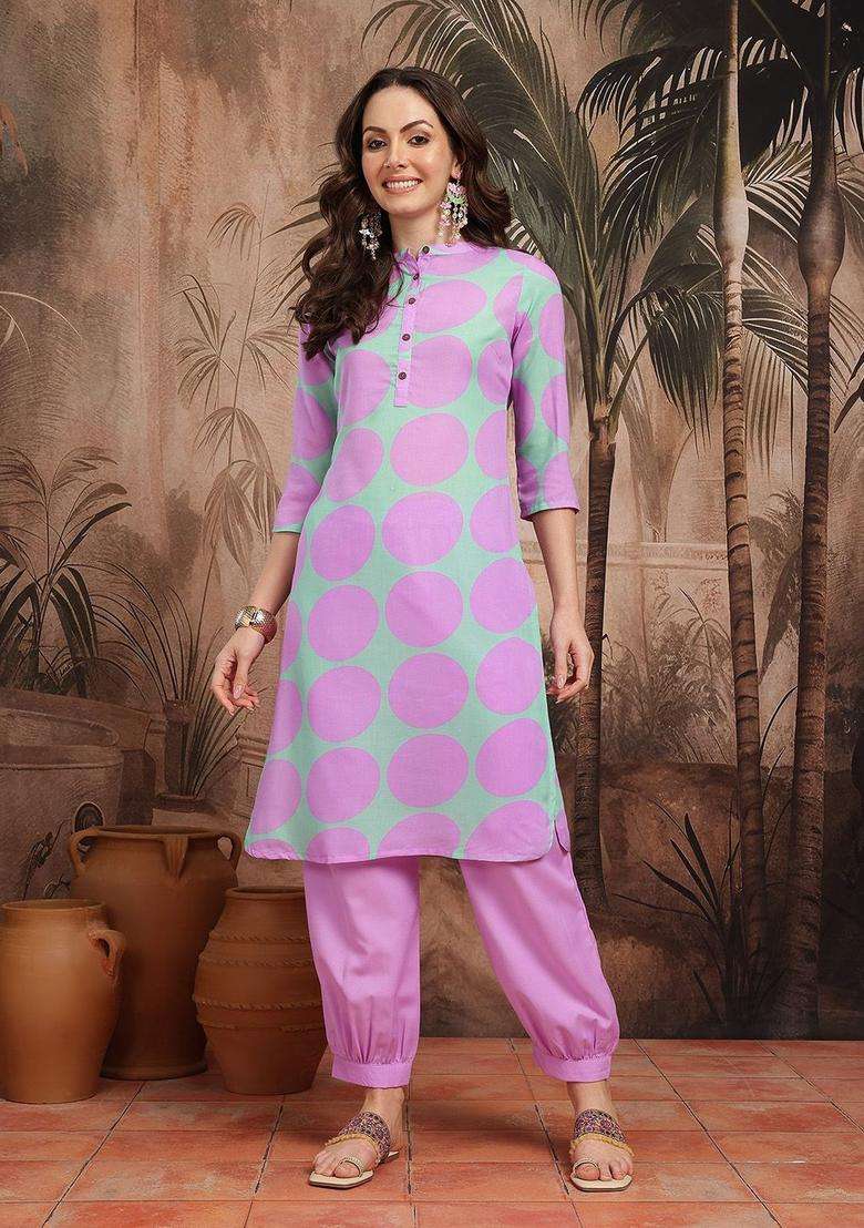 Purple Printed Polyester Kurta Set - Indya