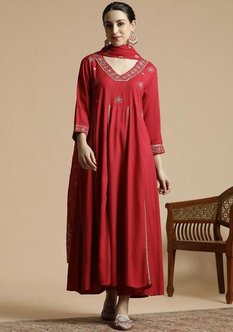 Red Embroidered Viscose Anarkali Set — view on Indya