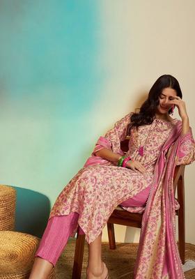 Pink Printed Chanderi Kurta Set
