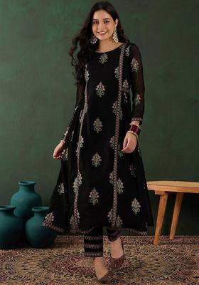 Black Printed Georgette Kurta Set