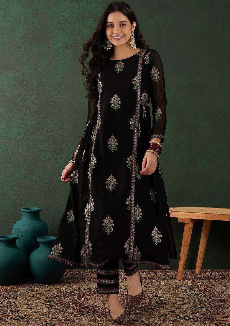 Black Printed Georgette Kurta Set - Indya