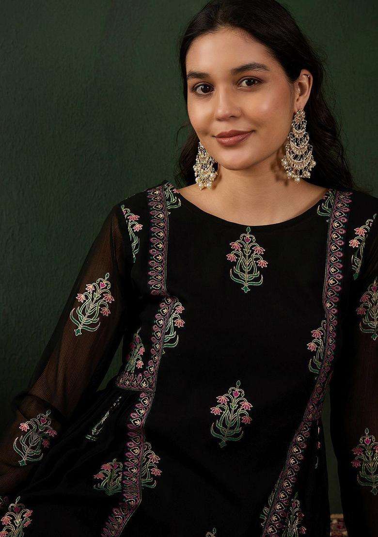Black Printed Georgette Kurta Set - Indya