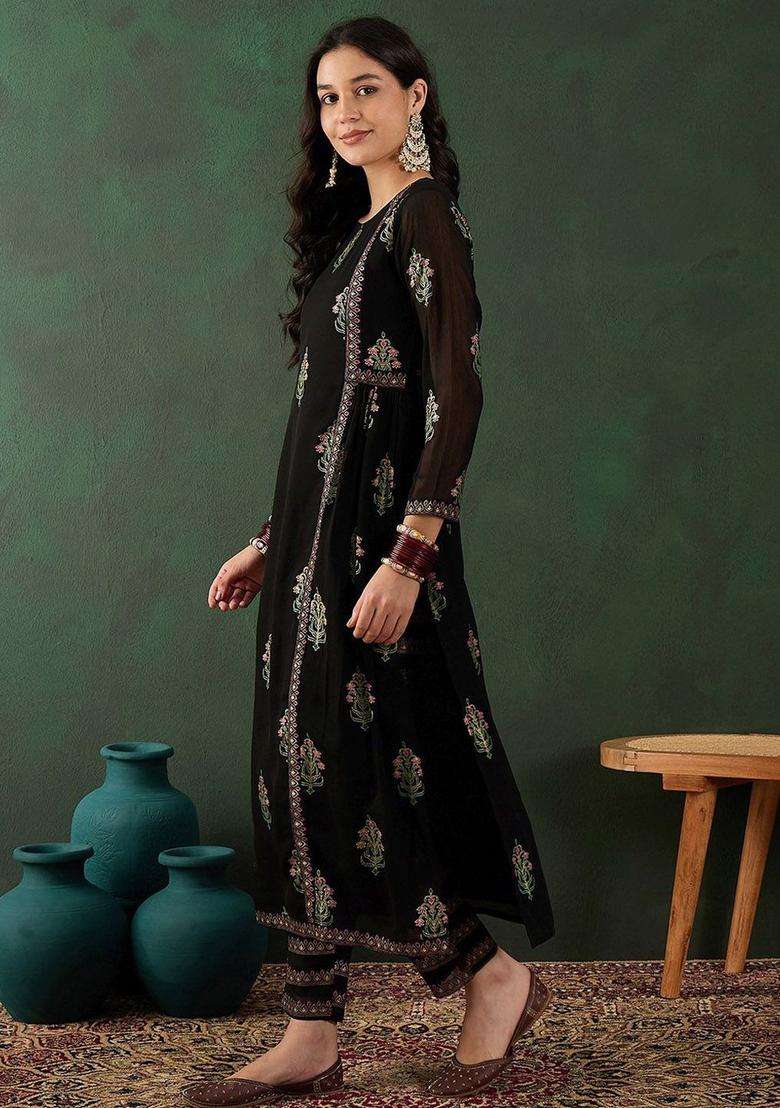 Black Printed Georgette Kurta Set - Indya