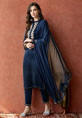 Navy Blue Embroidered Velvet Kurta Set