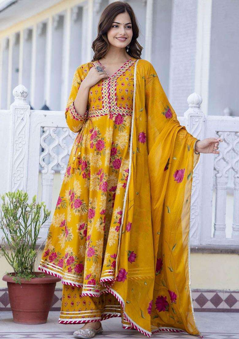 Mustard Printed Cotton Anarkali Set - Indya