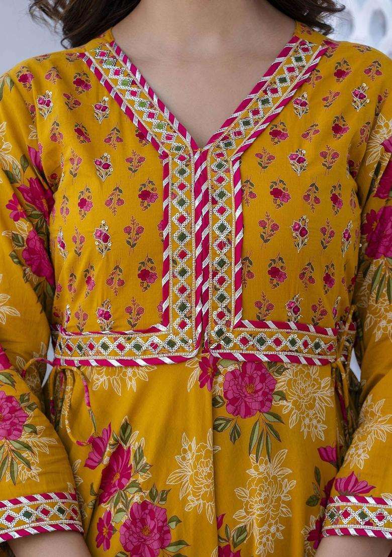 Mustard Printed Cotton Anarkali Set - Indya