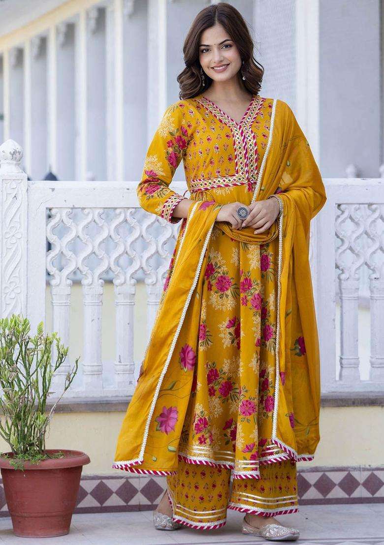 Mustard Printed Cotton Anarkali Set - Indya