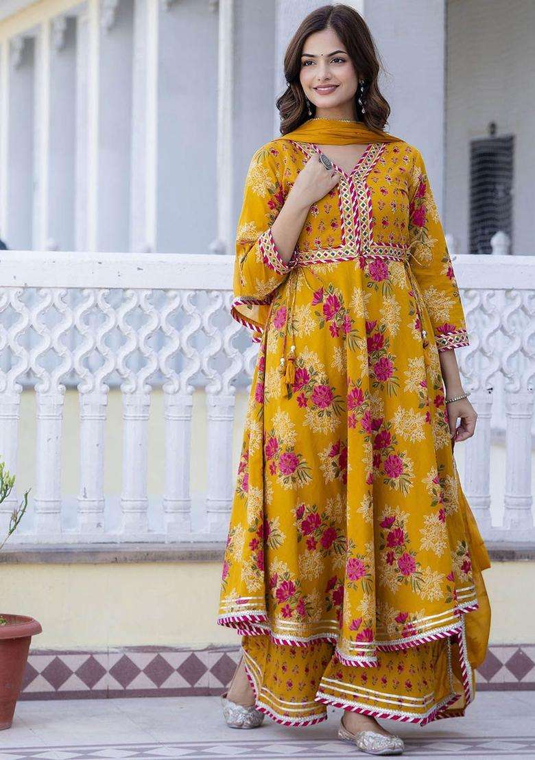 Mustard Printed Cotton Anarkali Set - Indya