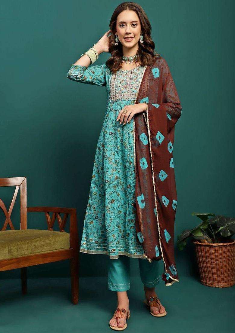 Turquoise Blue Printed Cotton Anarkali Set - Indya