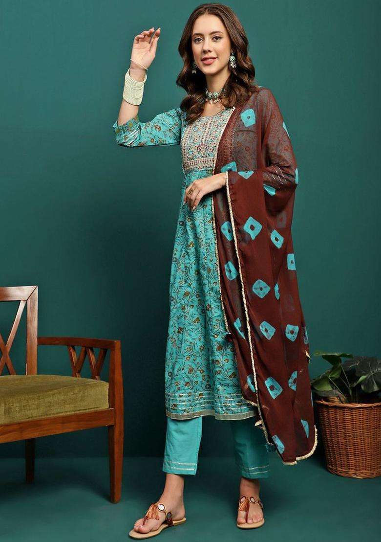 Turquoise Blue Printed Cotton Anarkali Set - Indya