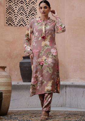 Grey Printed Silk Kurta Set