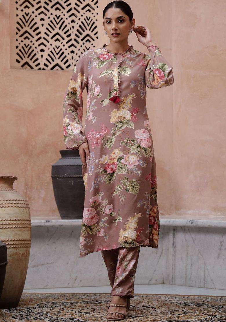 Grey Printed Silk Kurta Set - Indya