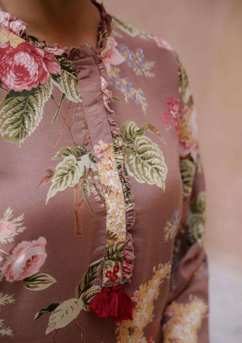 Grey Printed Silk Kurta Set - Indya
