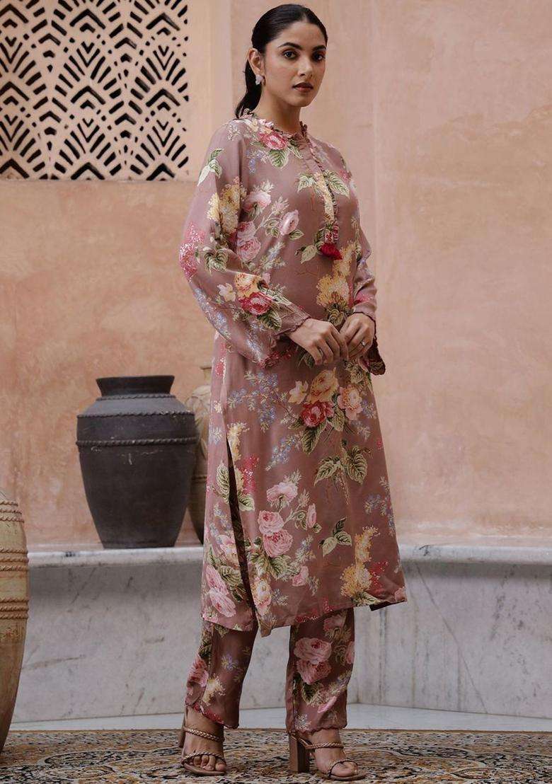Grey Printed Silk Kurta Set - Indya