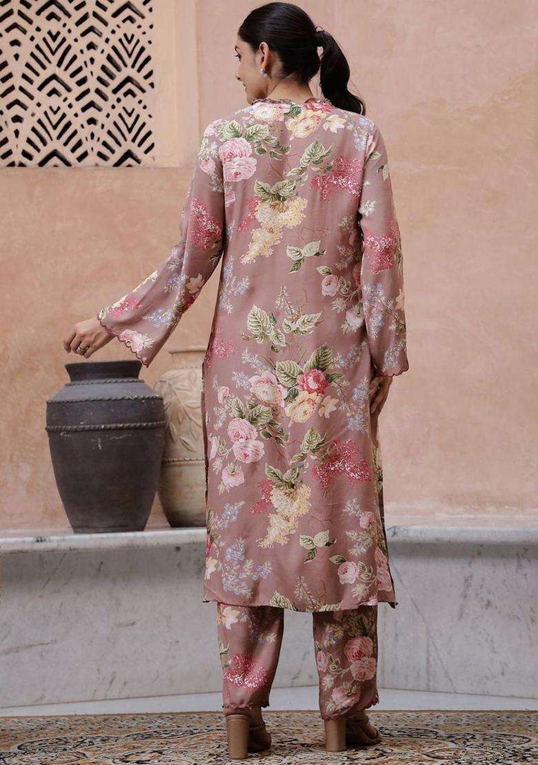 Grey Printed Silk Kurta Set - Indya