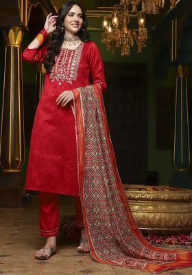 Red Woven Design Silk Blend Kurta Set