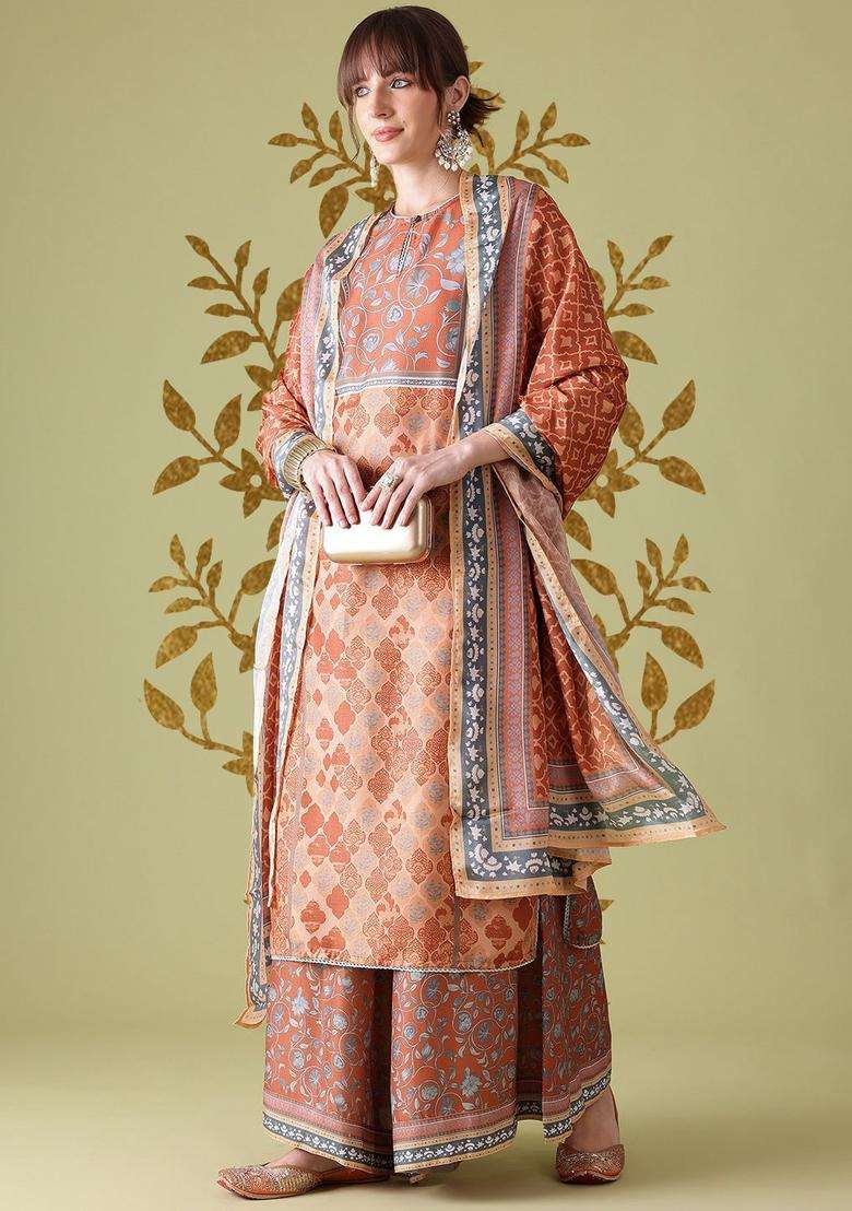 Rust Printed Polyester Kurta Set - Indya