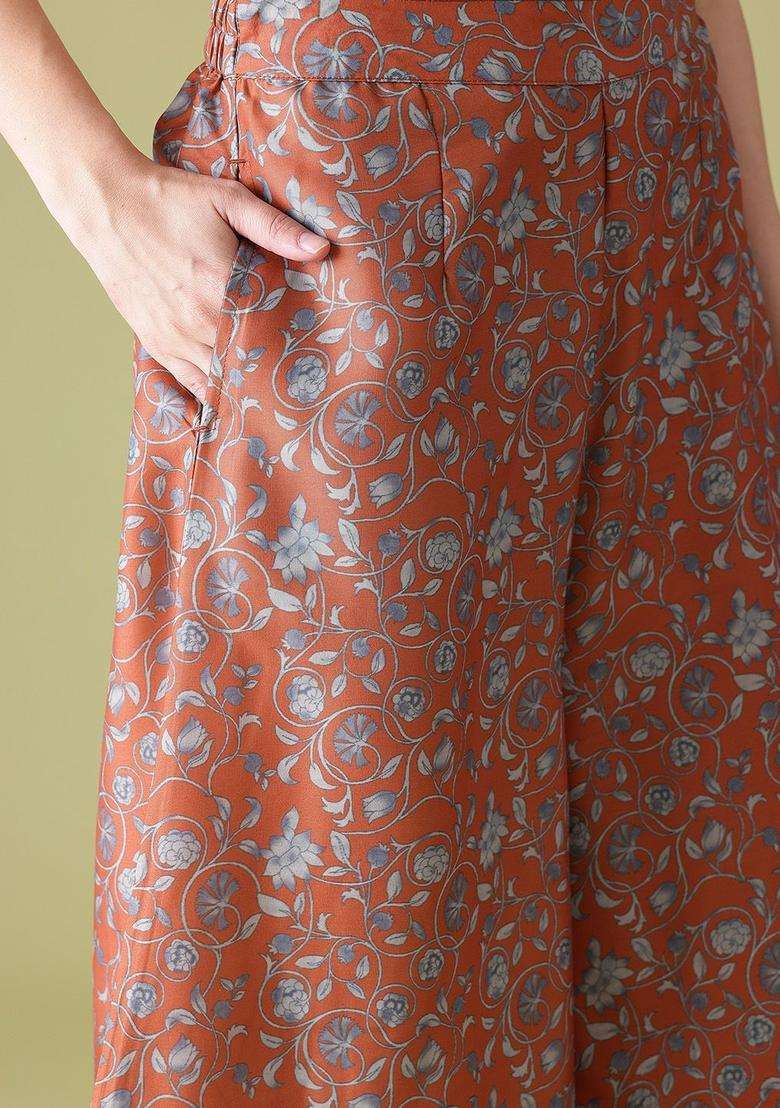 Rust Printed Polyester Kurta Set - Indya