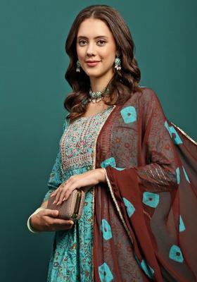 Turquoise Blue Printed Cotton Anarkali Set