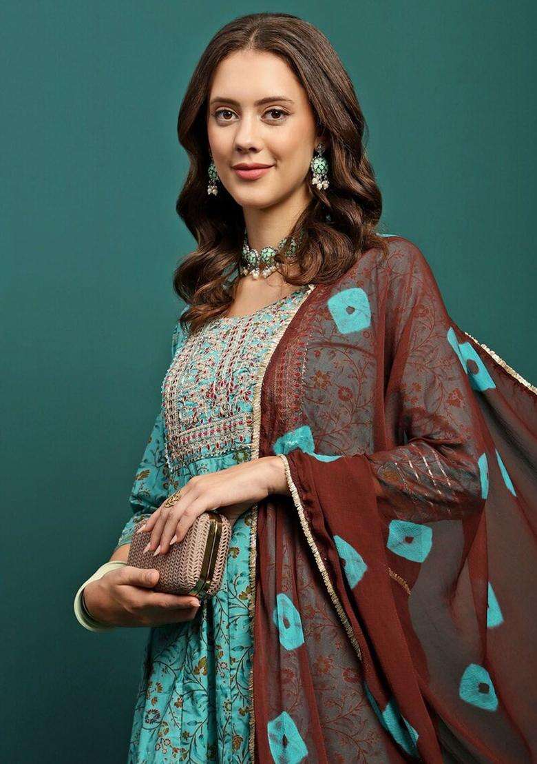 Turquoise Blue Printed Cotton Anarkali Set - Indya