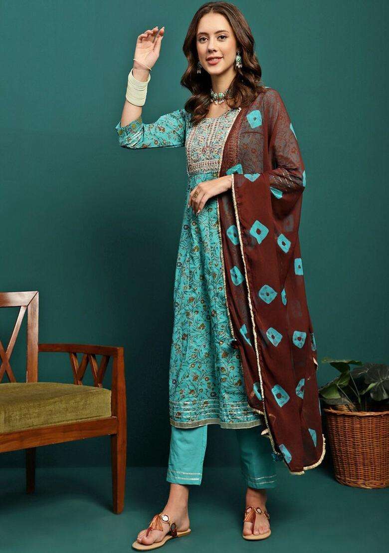 Turquoise Blue Printed Cotton Anarkali Set - Indya