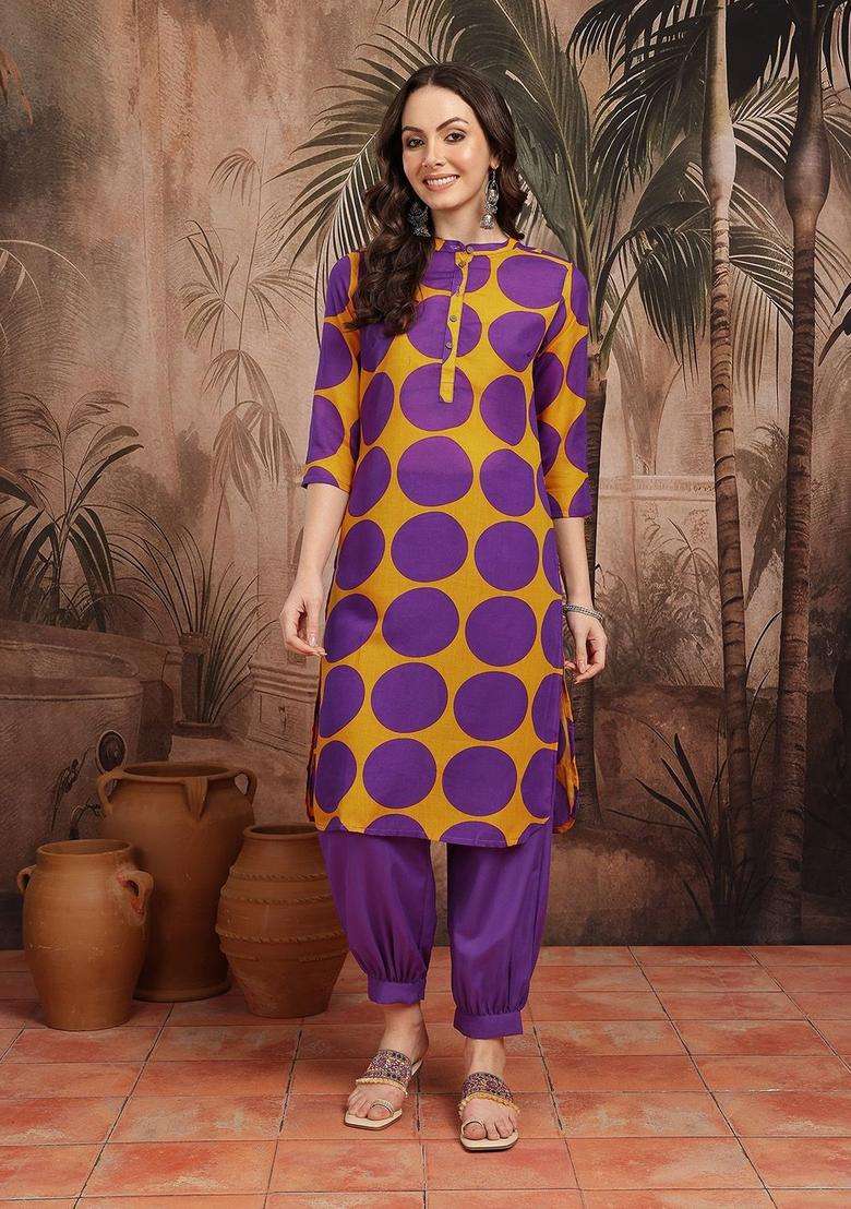Purple Printed Polyester Kurta Set - Indya