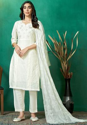 Cream Embroidered Cotton Kurta Set