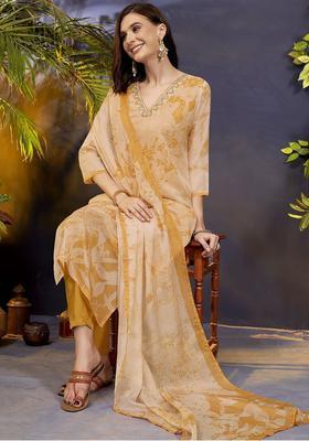 Yellow Printed Organza Kurta Set