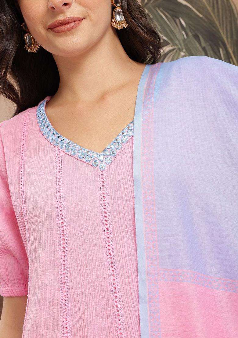 Pink Self Design Cotton Kurta Set - Indya