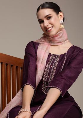 Purple Embroidered Polyester Kurta Set