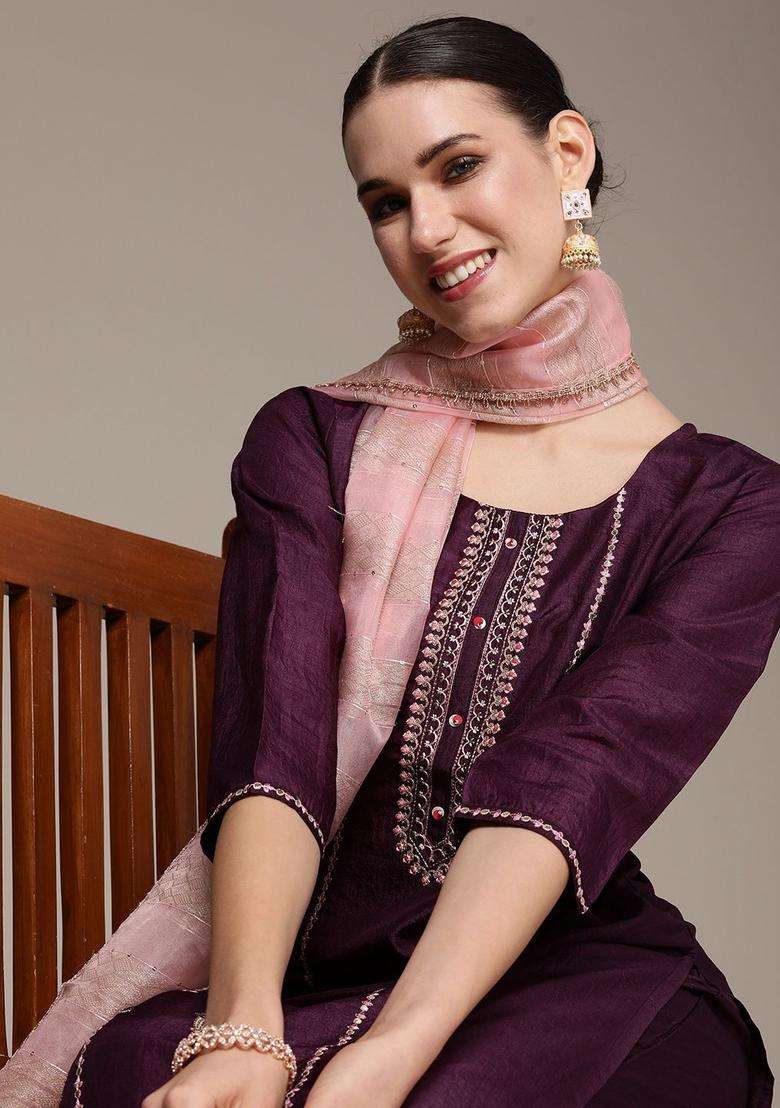 Purple Embroidered Polyester Kurta Set - Indya