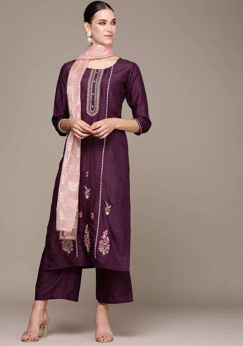 Purple Embroidered Polyester Kurta Set - Indya