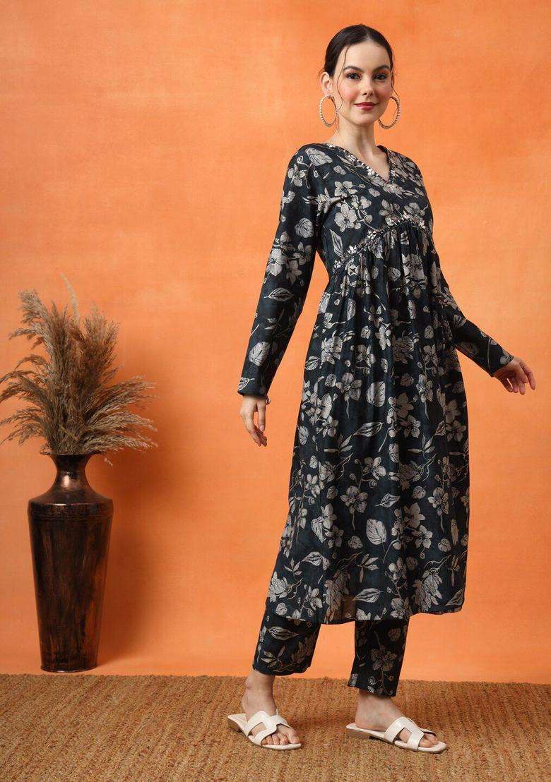Grey Printed Silk Blend Kurta Set - Indya