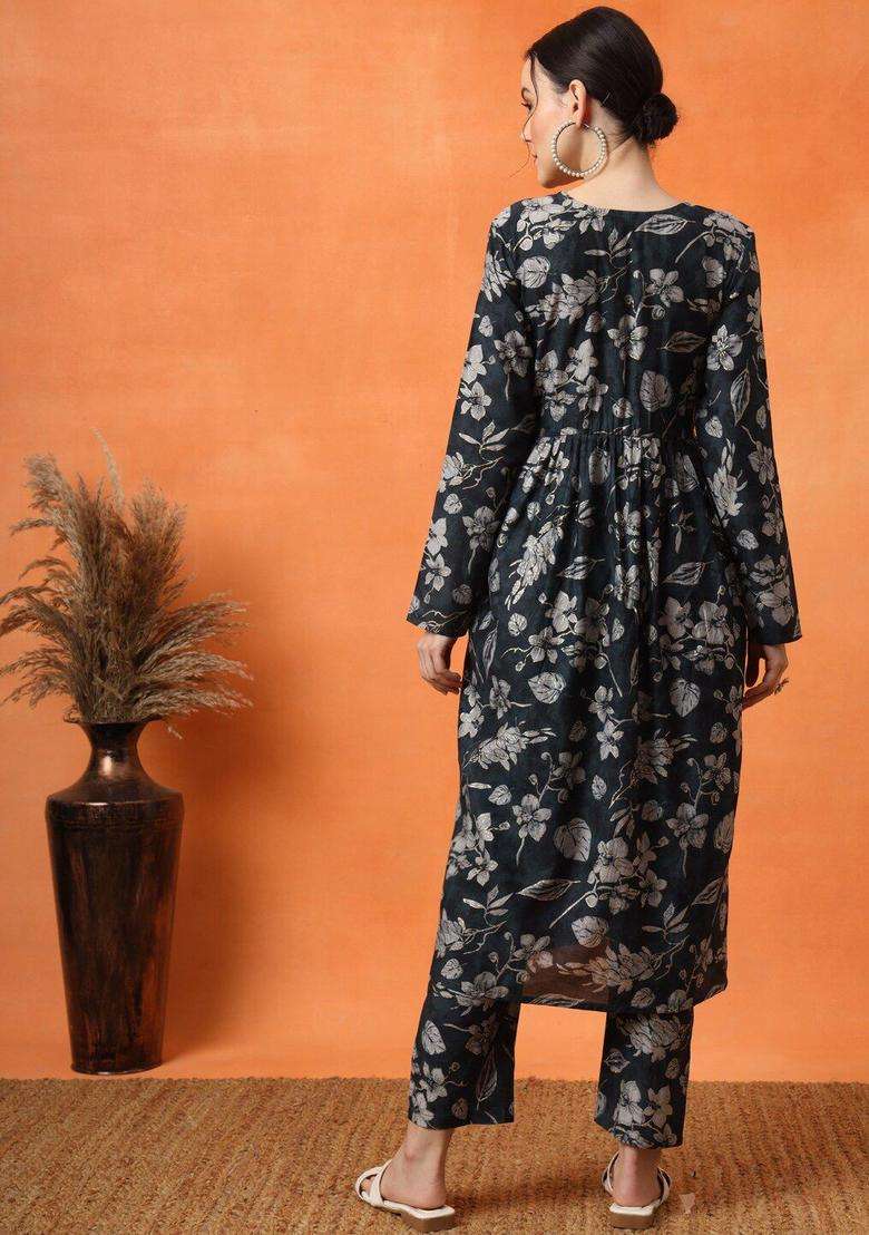 Grey Printed Silk Blend Kurta Set - Indya