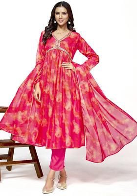 Peach Printed Organza Kurta Set