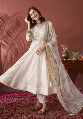 White Embroidered Silk Blend Anarkali Set