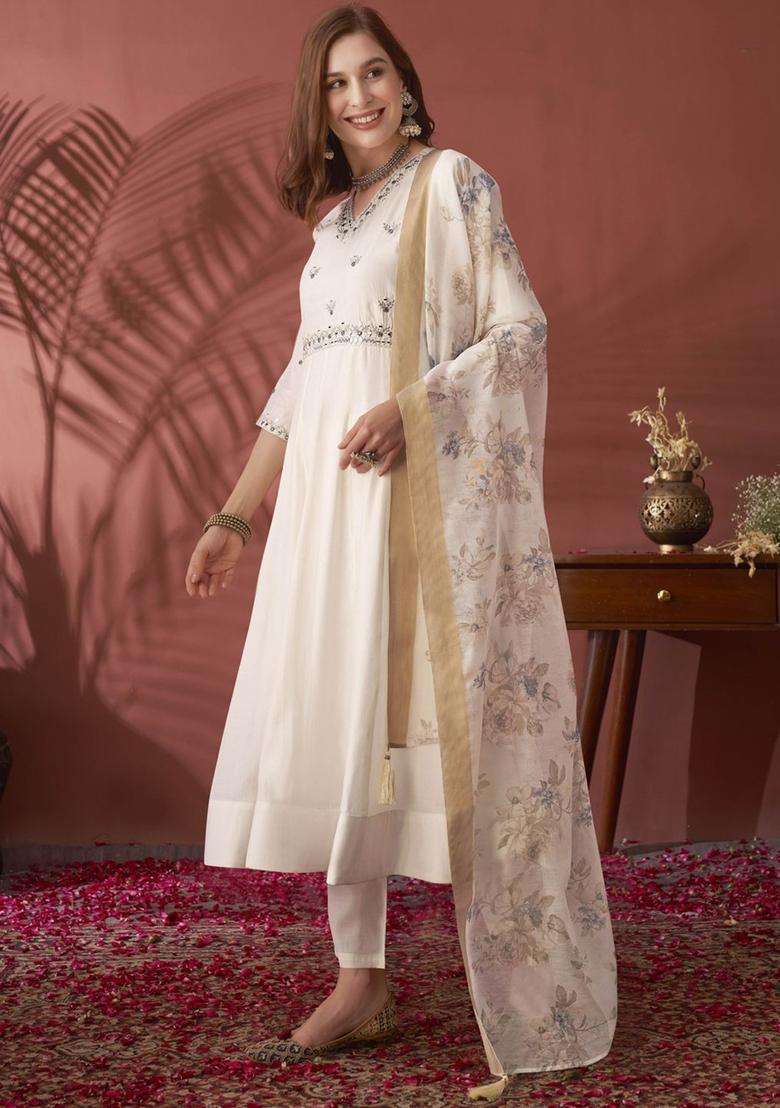 White Embroidered Silk Blend Anarkali Set - Indya