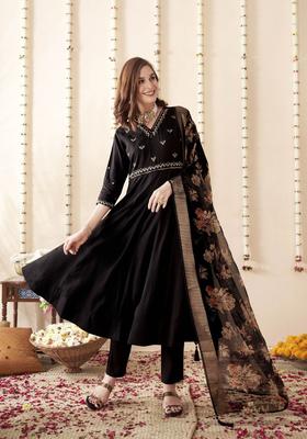 Black Embroidered Silk Blend Anarkali Set