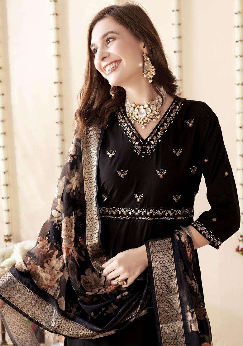 Black Embroidered Silk Blend Anarkali Set - Indya