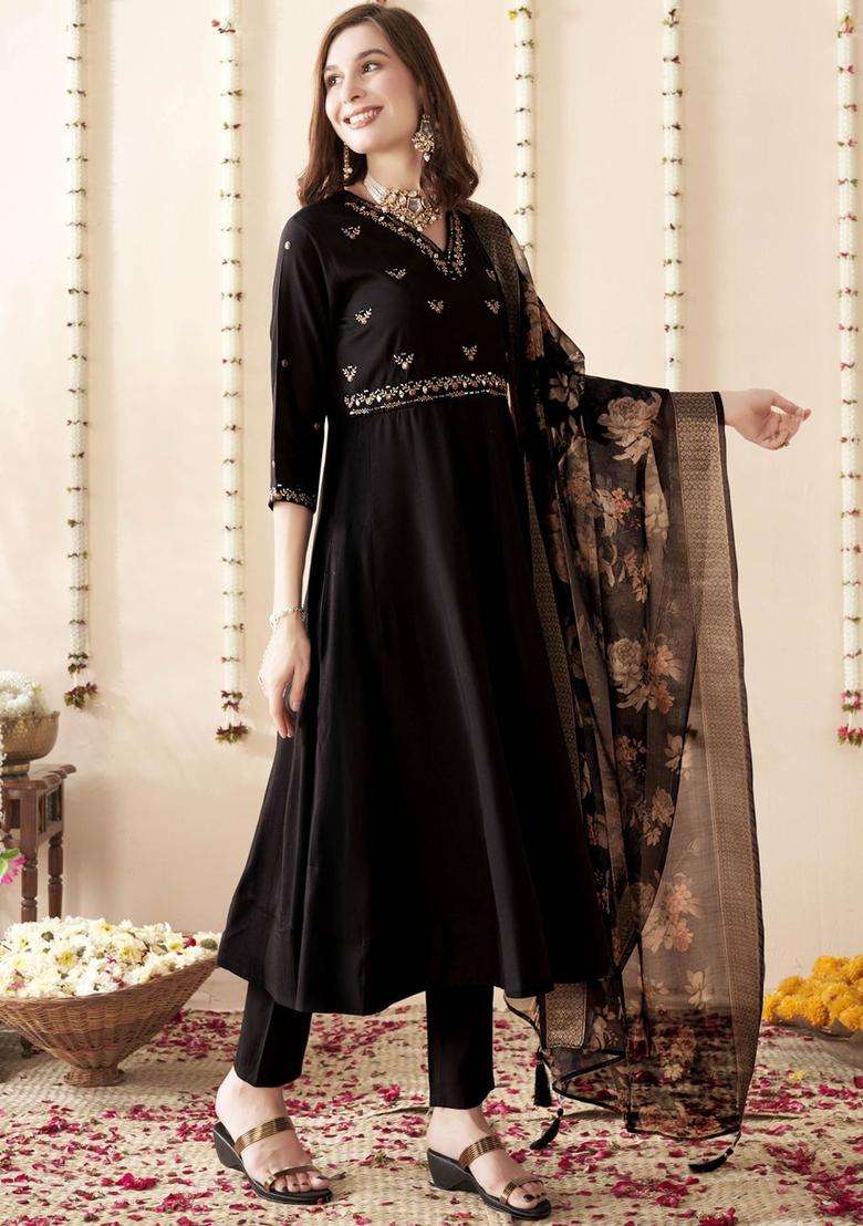 Black Embroidered Silk Blend Anarkali Set - Indya
