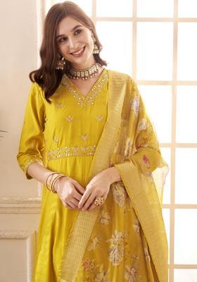 Yellow Embroidered Silk Blend Anarkali Set