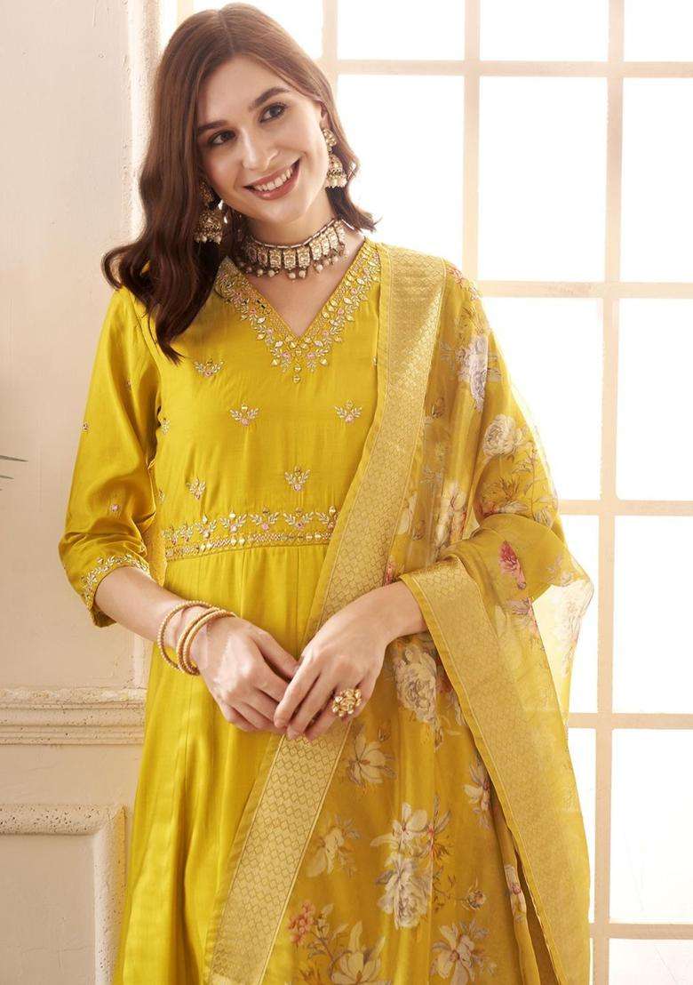 Yellow Embroidered Silk Blend Anarkali Set - Indya