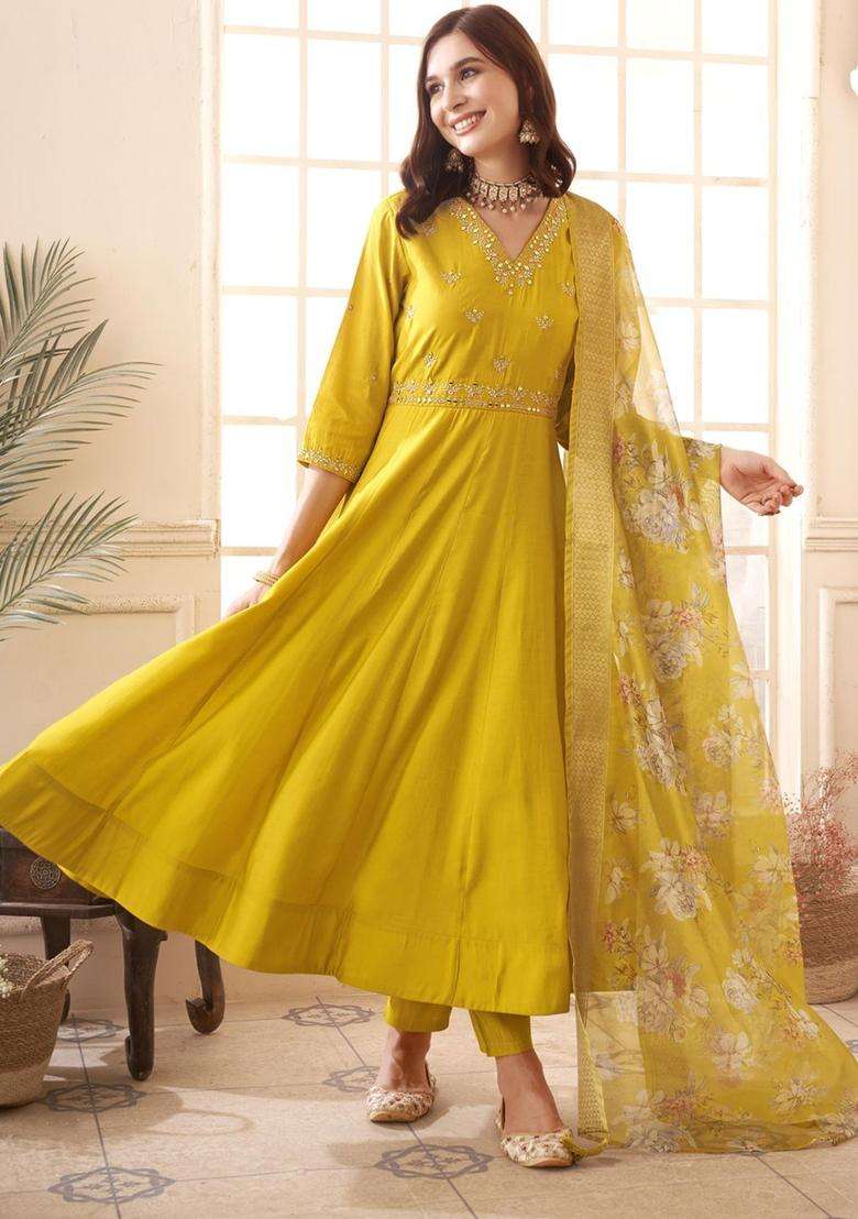 Yellow Embroidered Silk Blend Anarkali Set - Indya
