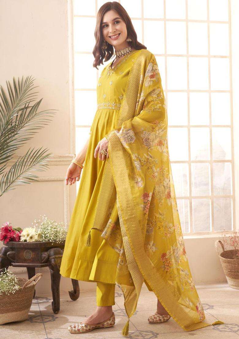 Yellow Embroidered Silk Blend Anarkali Set - Indya