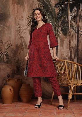 Maroon Printed Polyester Kurta Set